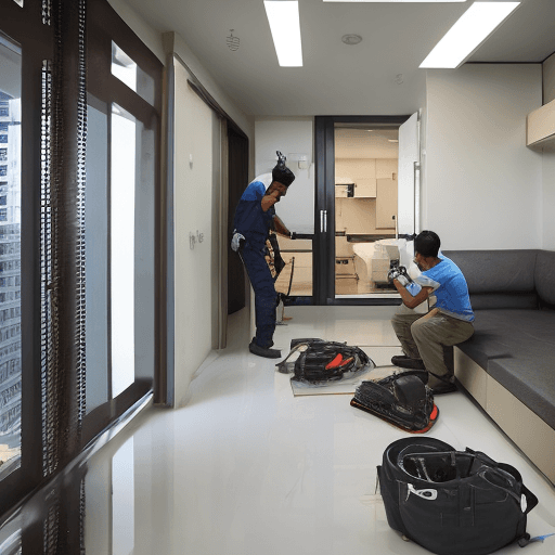 AI generated: a maintenance technician who is asia male, in a large, modern apartment building. The task is to per...