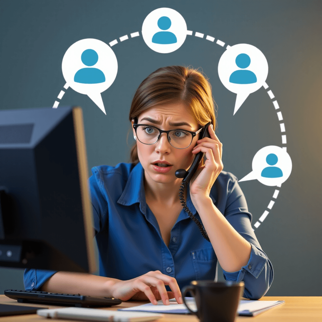AI generated: Dealing with automated customer service that keeps sending you in circles. Person looking exasperate...
