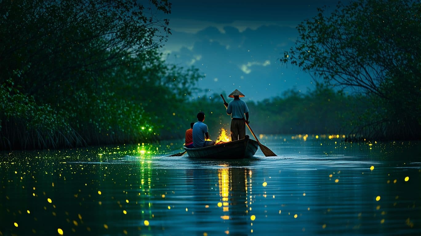 AI generated: A boatman standing and rowing the boat with a couple of tourist sitting slowly glide in tropical riv...