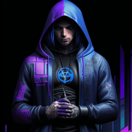 AI generated: hooded man, low light, cyberpunk tattoo designs , in the style of silkscreen, purple and blue, rolle...