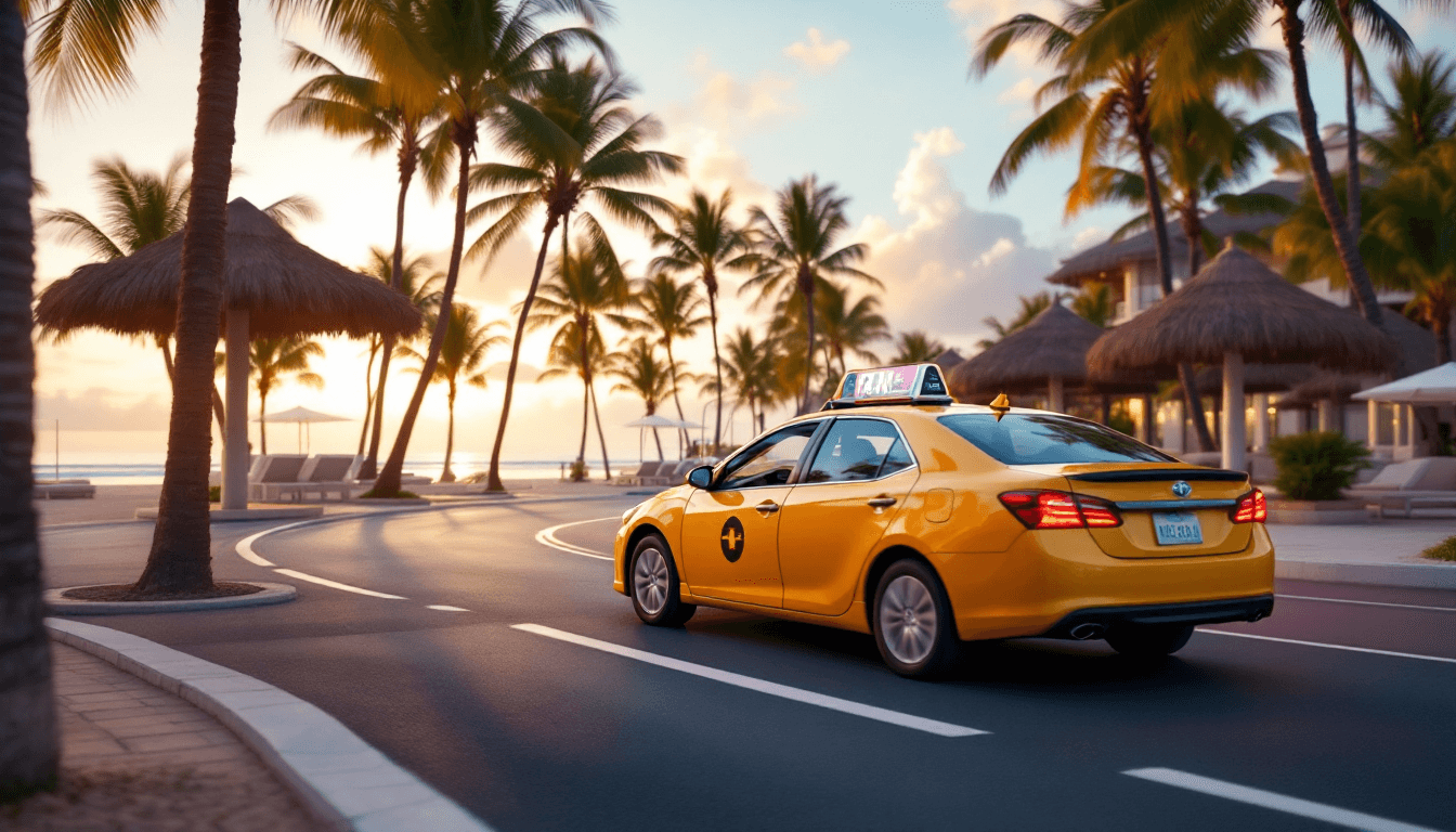 AI generated: A yellow taxi arriving to a luxurious beach resort.