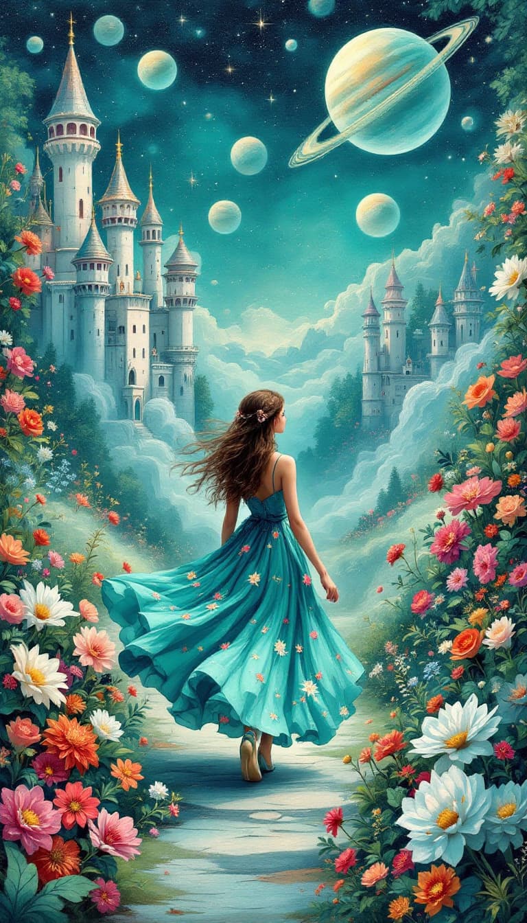 AI generated: oil painting, short detailed brush strokes, textured
A whimsical girl in a vintage floral teal dress...