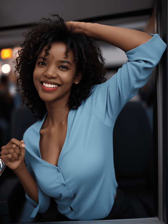 AI generated: cinematic_angle,an african girl,full_shot,messy hair,laughing,award-winning,professional,Denzel Wash...