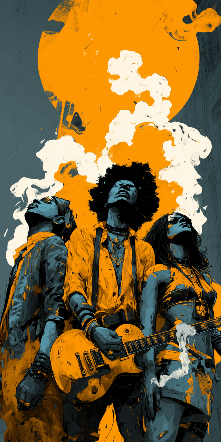 AI generated: graphic illustration of an 1970s rock band album cover, surreal --chaos 75 --ar 1:2 --profile fkuo5y...