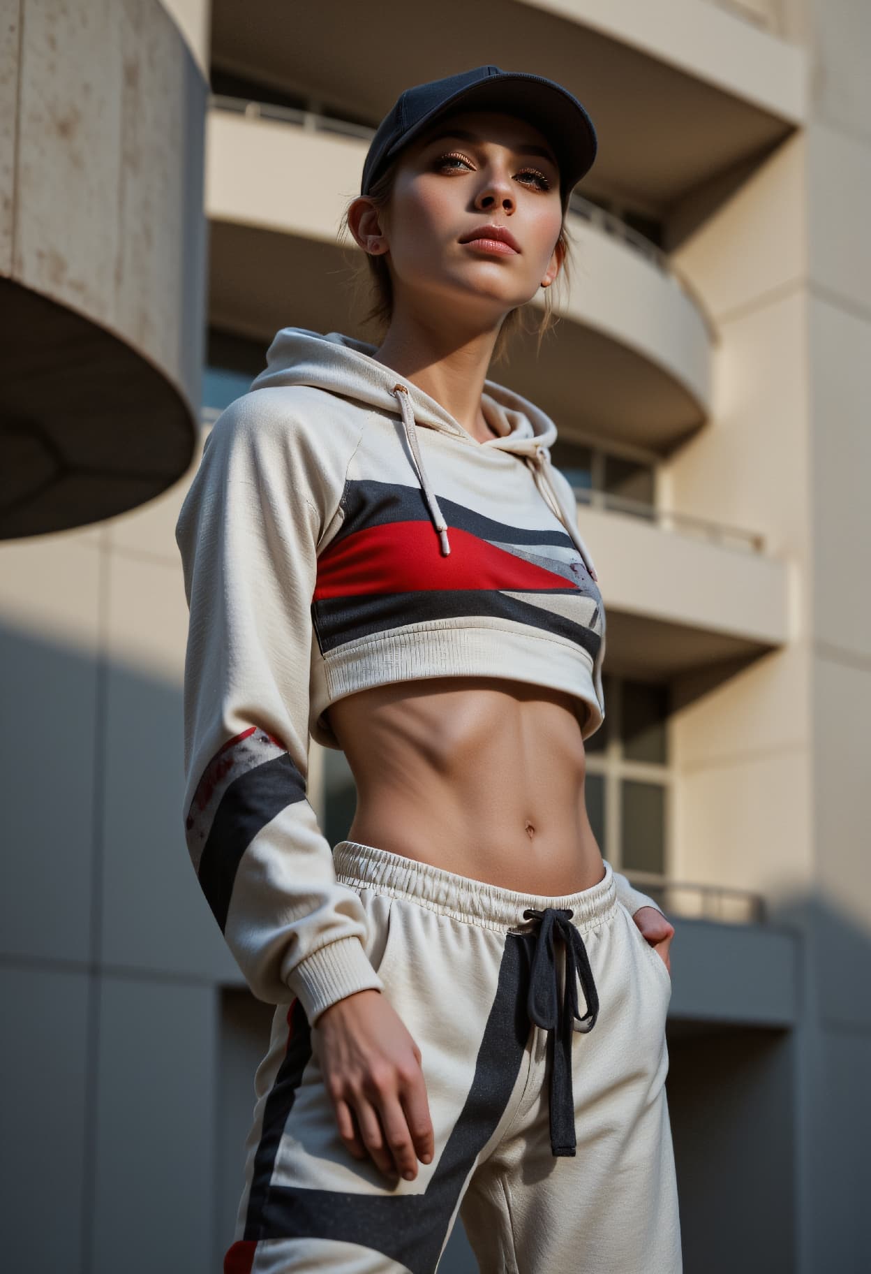 AI generated: street photography, Constructivist Fashion high angle photo of a 24-year-old Mandinka-Egyptian femal...