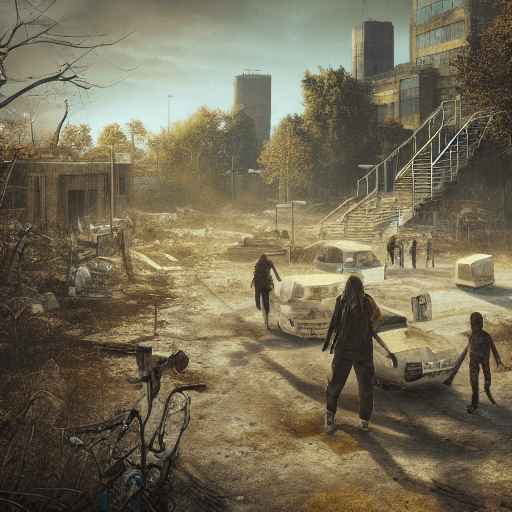 AI generated: Photo of an ultra realistic post-apocalyptic middle school survivors camp, sunrise, cinematic lighti...