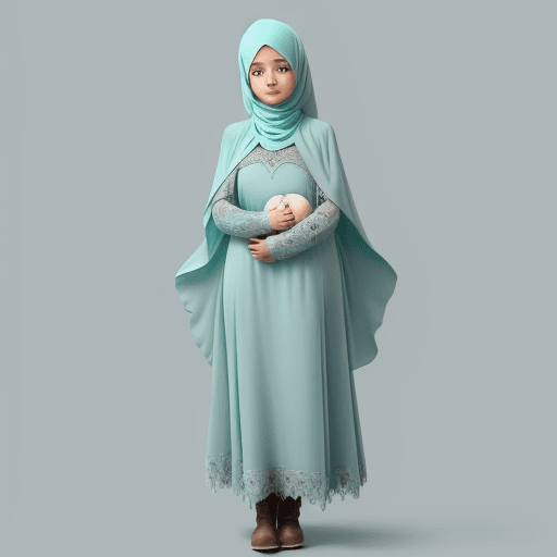 AI generated: beautiful Muslima in mint long hijab wearing baby blue medieval long dress, teal boot