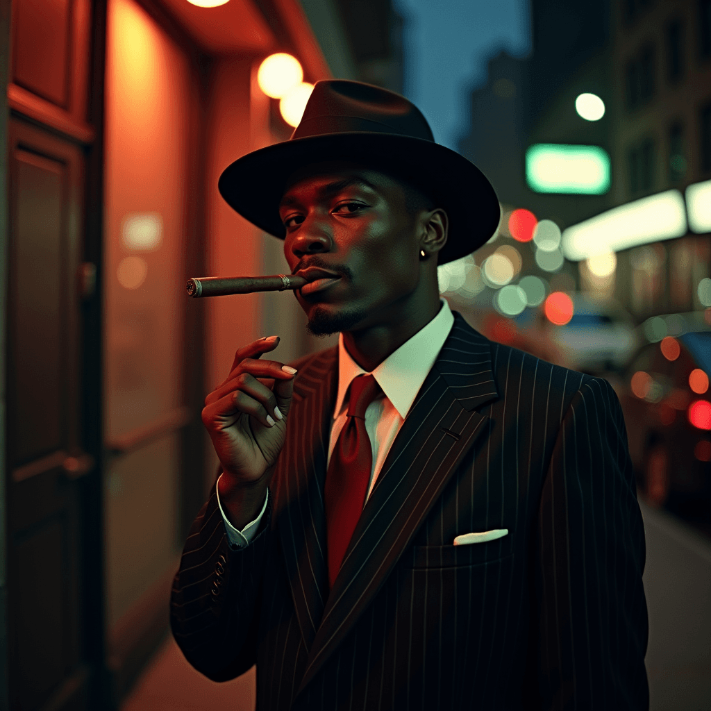 AI generated: black gangster wearing a pinstripe suit smoking a cigar, 1960's Harlem back-drop, after-hours ghetto...