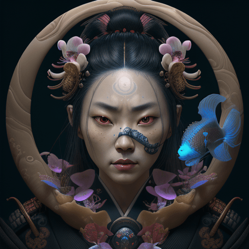 AI generated: Close-up portrait of a samurai woman, nautilus, orchid, skull, betta fish, bioluminescent creatures,...