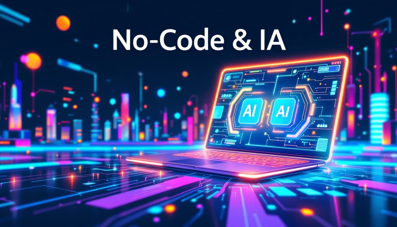 AI generated: A futuristic and vibrant thumbnail representing No-Code and AI innovation. Show a glowing laptop wit...