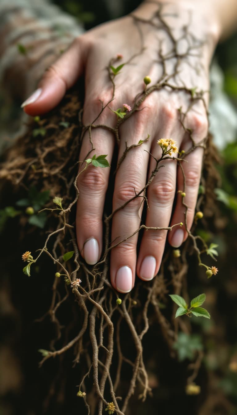AI generated: 7. A powerful, close-up view of a woman’s hands, transforming into a network of roots and vines that...