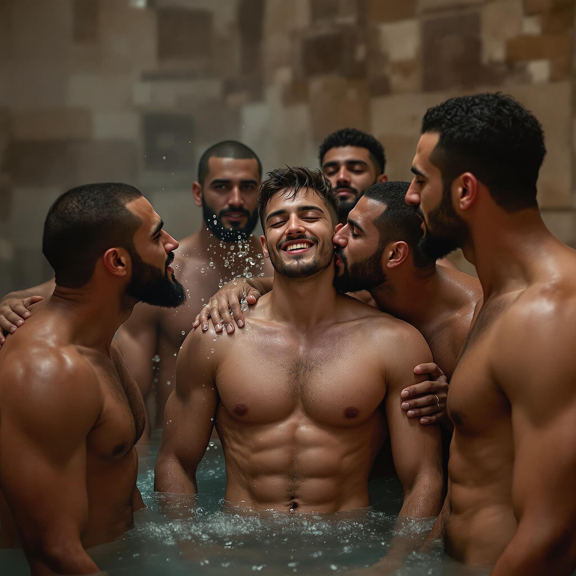 AI generated: a gorgeous nude 18 year old moroccan boy named Mo is surrounded by a group of lusty, tall, strong, m...