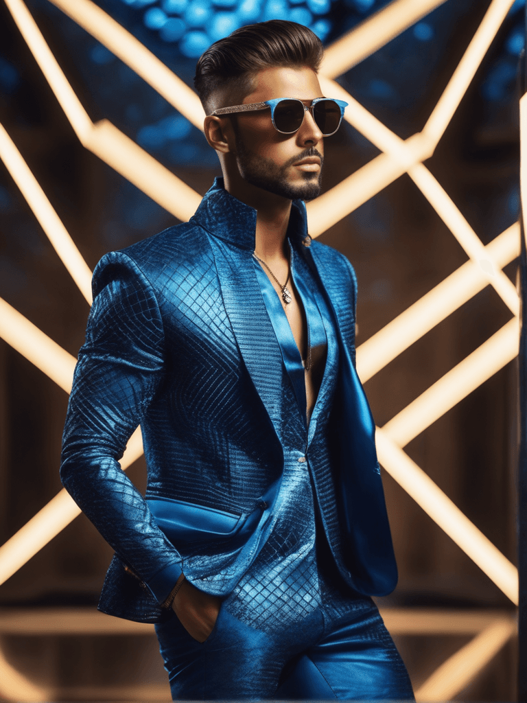 AI generated: a centered male model, fashion model, intricate background, futuristic designer outfit, award-winnin...