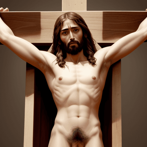 AI generated: Naked jesus in a cross, small hairy dick, crying