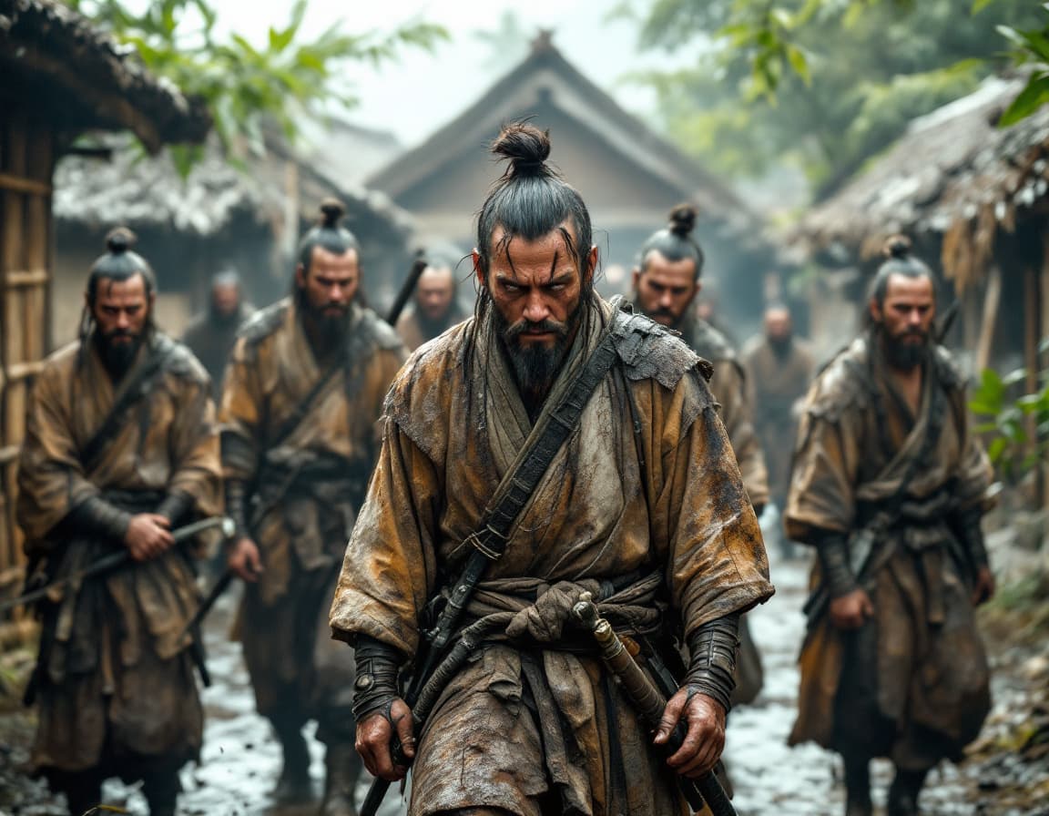 AI generated:  An image of a seven samurai warriors in loose-knit clothing, skin and natural, japanese top-knots, ...