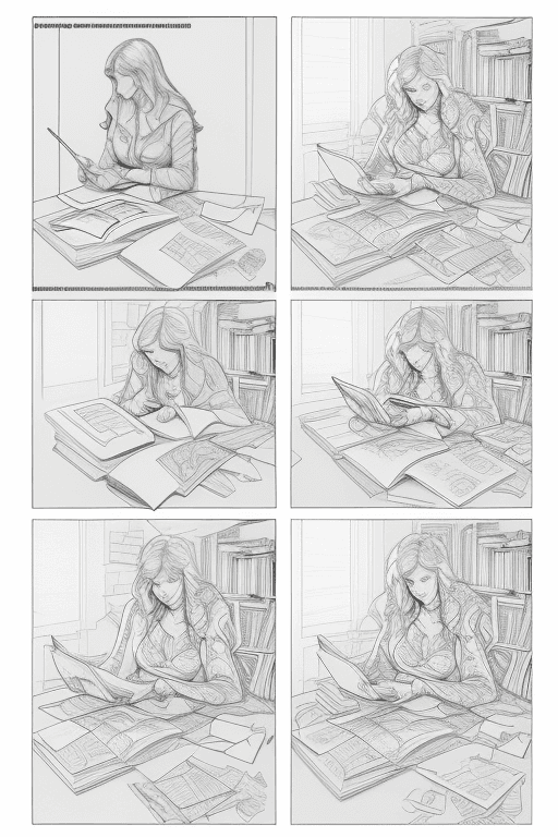 AI generated: meta, concept art, a coloring book page, extremely detailed, woman drawing herself, woman as line ar...