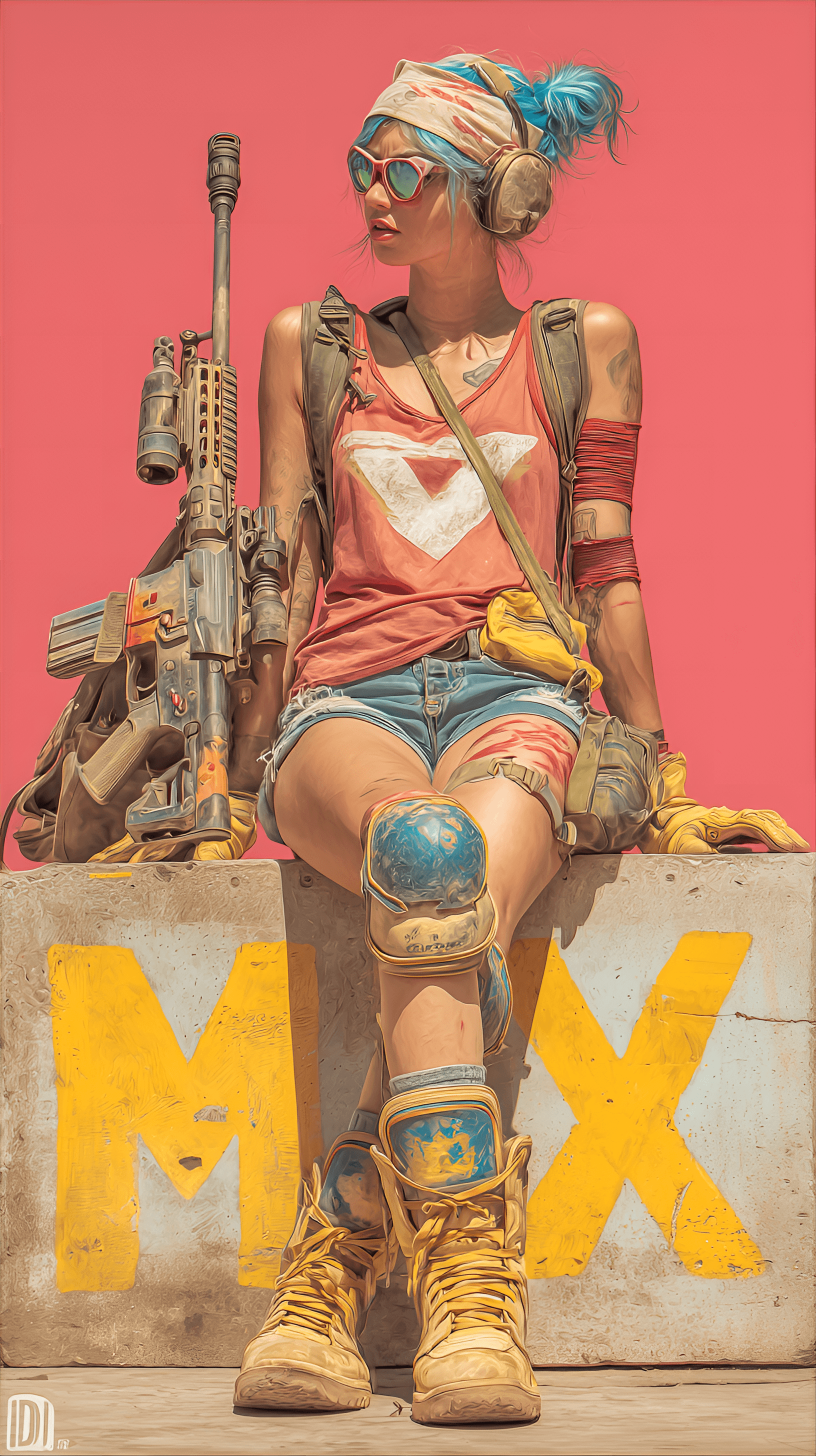 AI generated: full body shot of a confident, athletic woman sitting casually on a concrete block  near her. The ba...