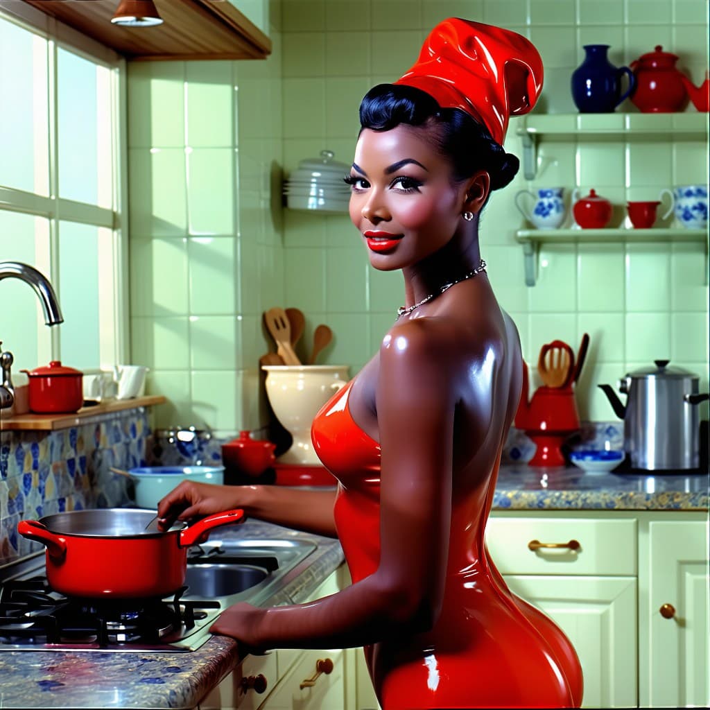 AI generated: 1955,  pin up ultra-feminine man, uber-gay, Ethiopian , dark, ebony skin, in a kitchen,cooking,eroti...