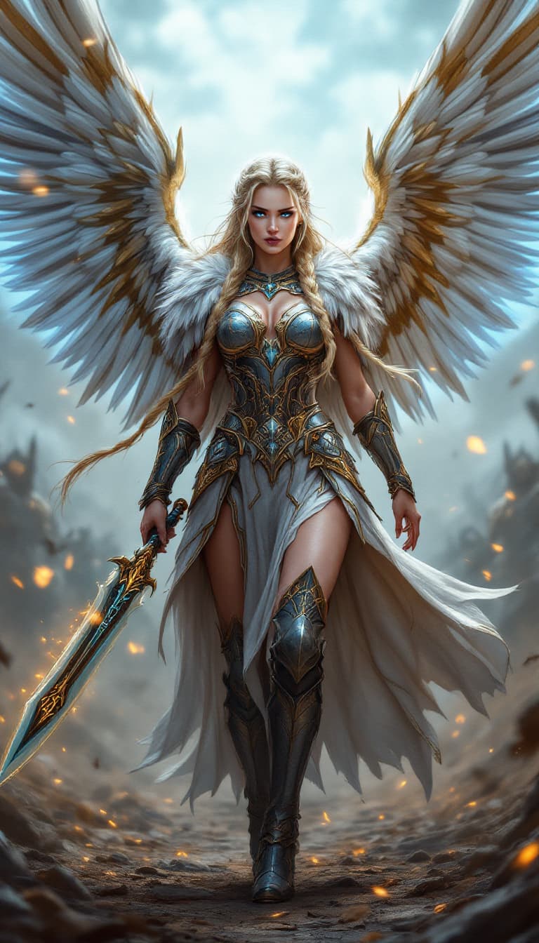 AI generated: Dynamic angle, full body view, realistic, female Valkyrie warrior, long, braided hair, winged armor,...