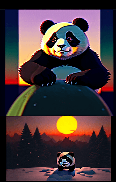AI generated: panda bear, winter, retro sunset, studio Ghibli style, rendered in unreal engine with clean details