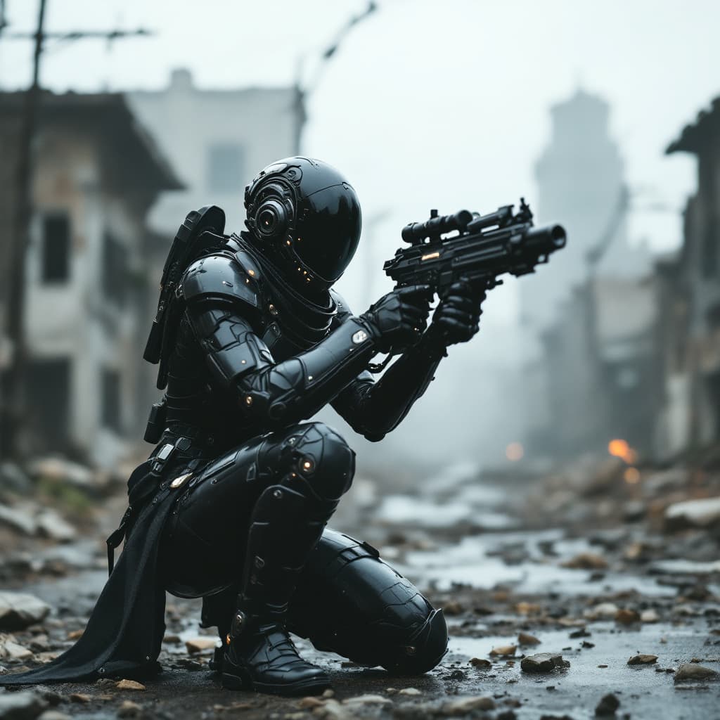 AI generated: black armed female figure in sci-fi battle armor with cybernetic helmet, aiming on one knee, mask, s...