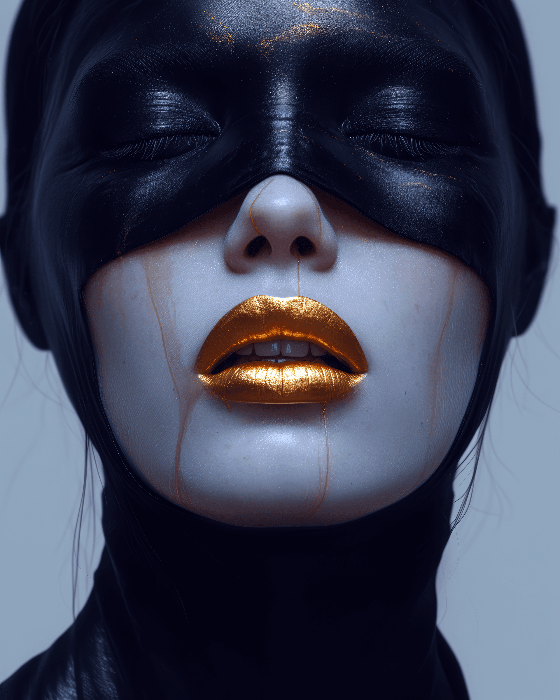 AI generated: a woman with a large jaw and gold teeth, in the style of futuristic minimalism, restrained forms, da...