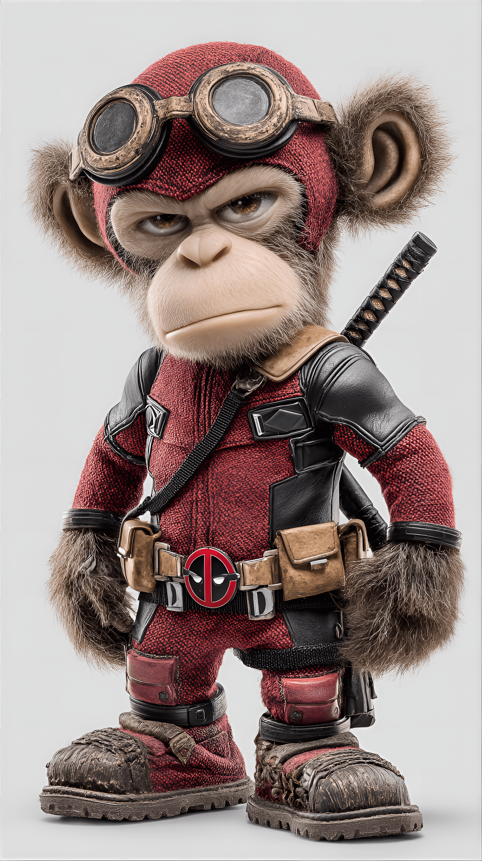 AI generated: cartoonish chimpanzee character, center frame, dressed as Deadpool, stands facing the viewer. The ch...