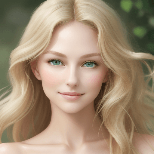 AI generated: Create a portrait of a woman with a heart-shaped face, light wavy blonde hair, and striking green ey...