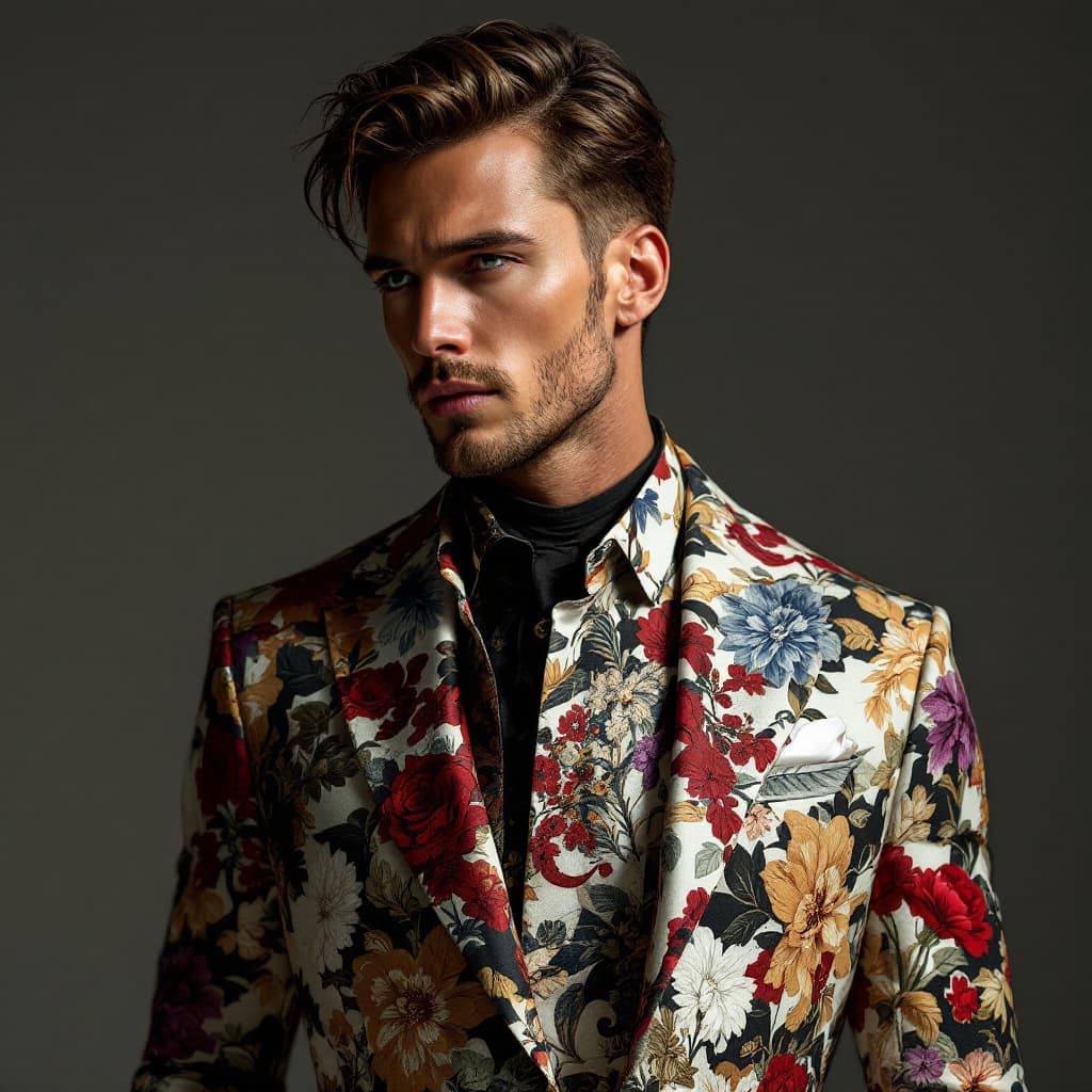 AI generated: Ginham Print suit for a man interpreted in a modern extravagant way