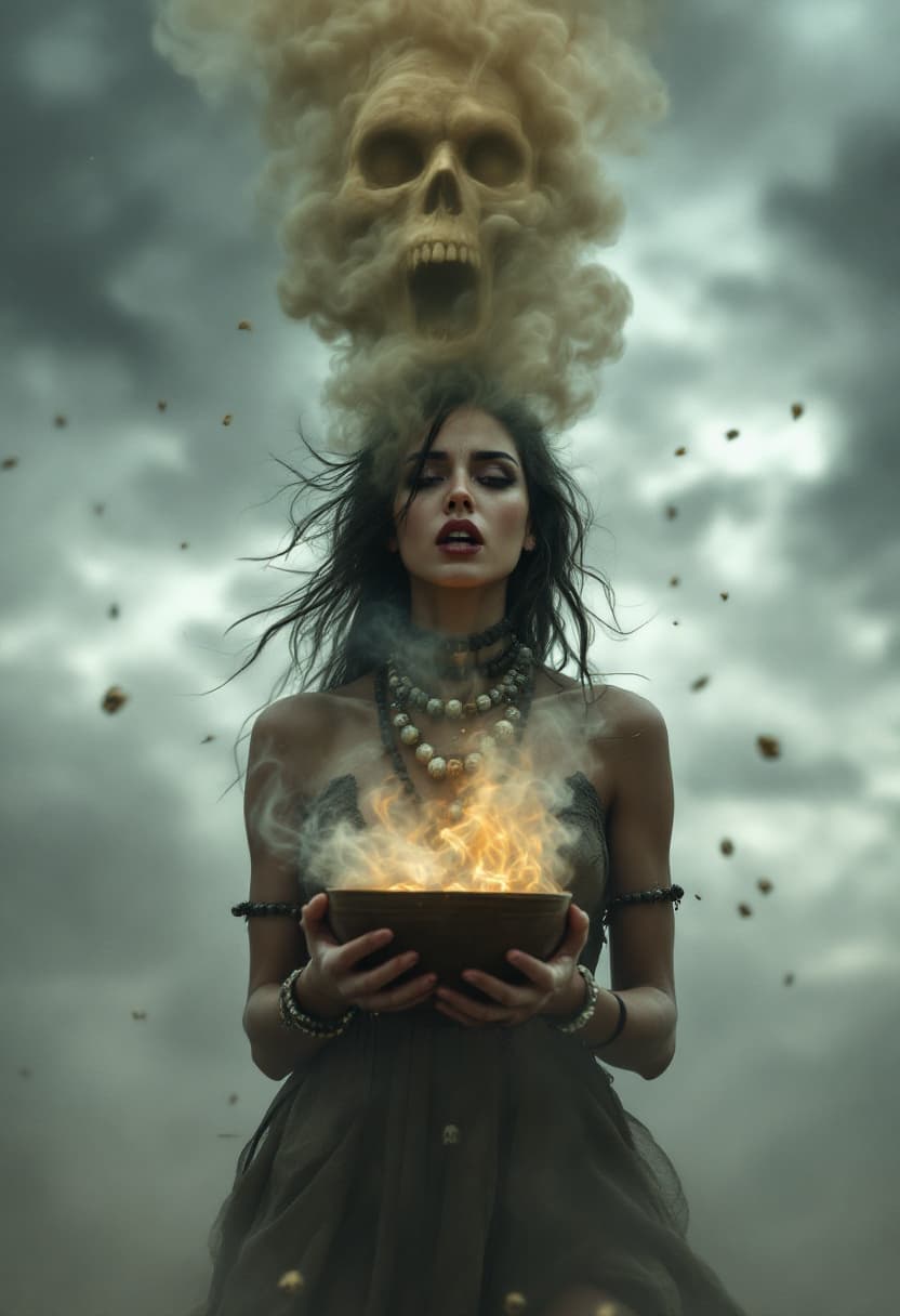 AI generated: Create an image that presents a dramatic and intense scene against the backdrop of a cloudy and chao...