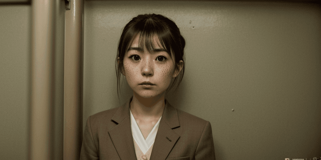 AI generated: photo of a Mayu Iwatani, cute face, detailed eyes, brown eyes, in prison cell, suit, sci-fi, dystopi...