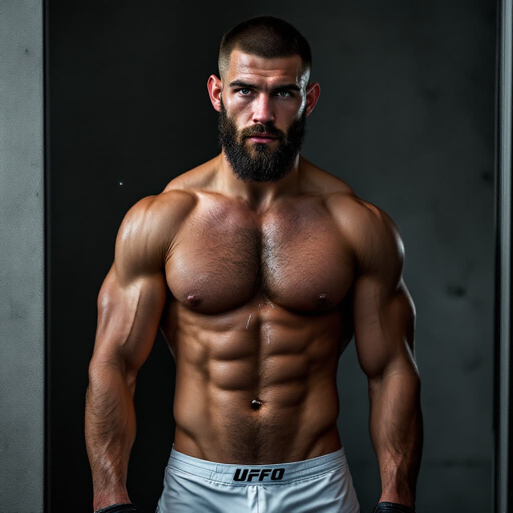 AI generated: Bosnian MMA fighter. 20 years old. Erko Jun. Green eyes. Caucasian. Serious. In front mirror Very sh...