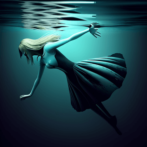 AI generated: alice floating horizontally under water.
realistic, not creepy
looking towards the top
 arm pointing...