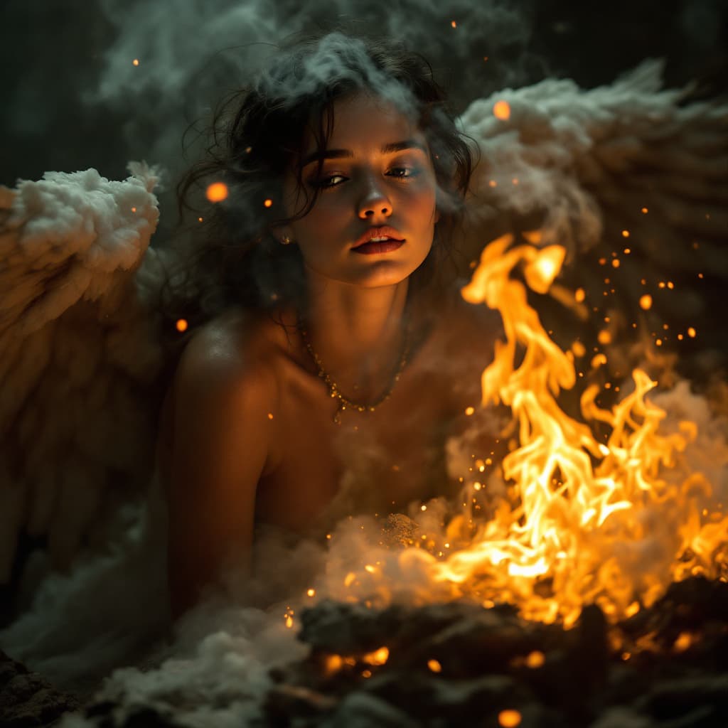 AI generated: A young angel of independence from Mexico City prostrate at her altar, her features shrouded in myst...