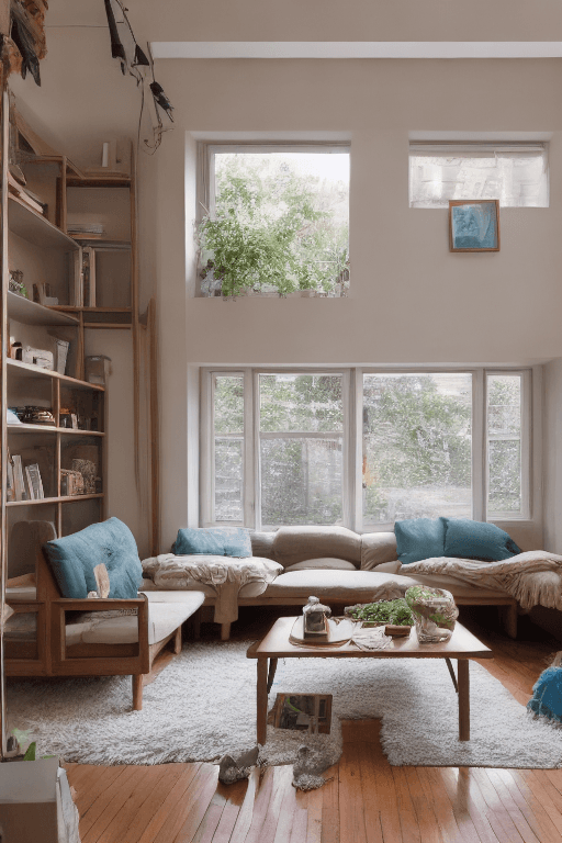 AI generated: High resolution photography interior design, dreamy sunken living room conversation pit, wooden floo...