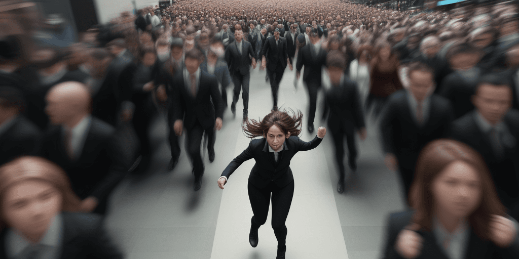 AI generated: A woman walking quickly, breaking through the crowd , camera angle looking from top left
