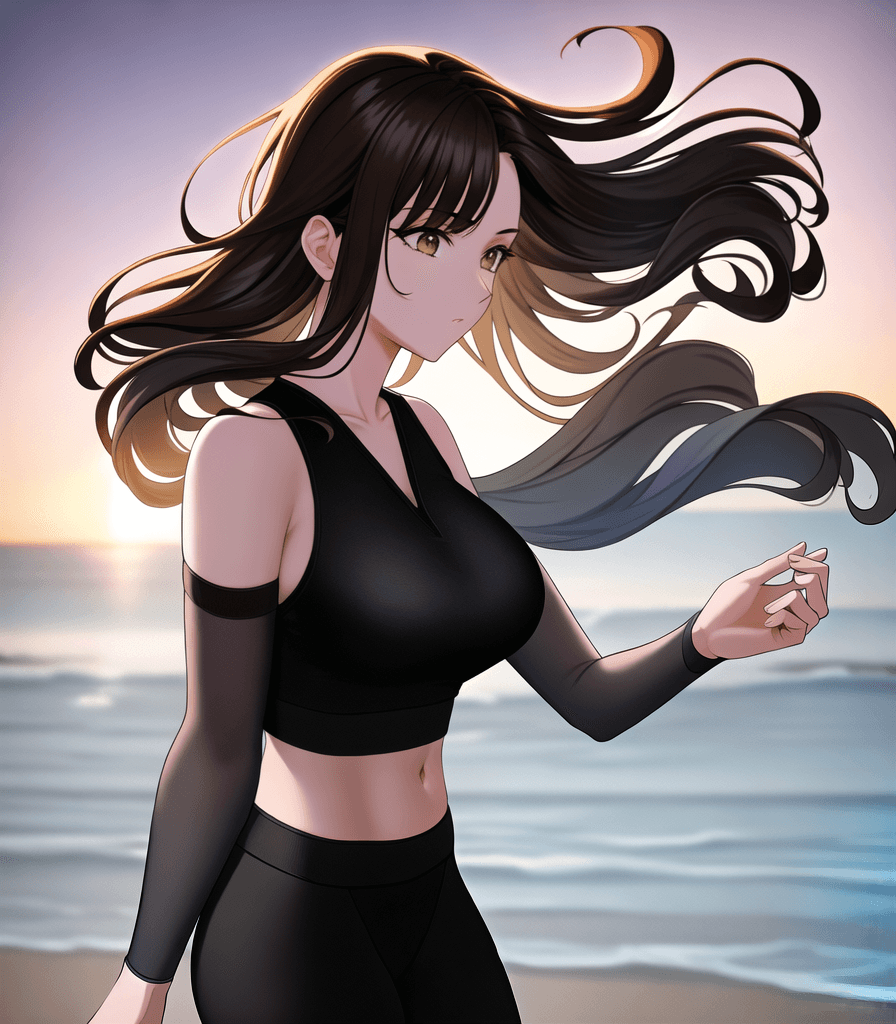 AI generated: (perfect anime illustration), 1girl, medium brown hair, curly hair, (medium breasts:1.2), beach, bla...