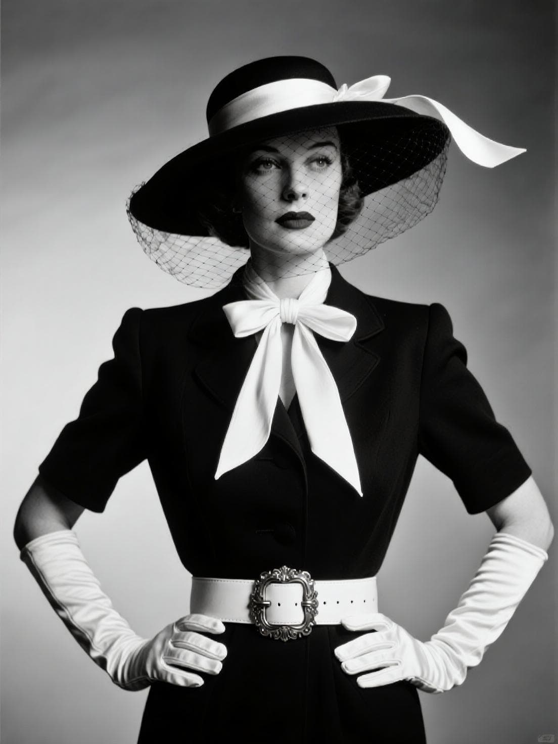 AI generated: A striking black and white portrait of a woman in high-fashion vintage style, wearing a wide-brimmed...