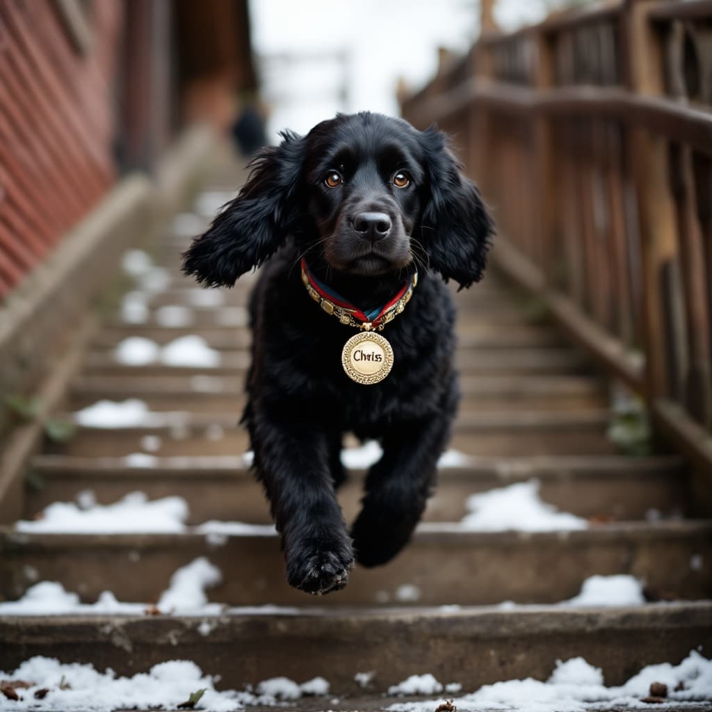 AI generated: A black Russian Spaniel with a "Chris" medallion runs up the Potemkin Steps