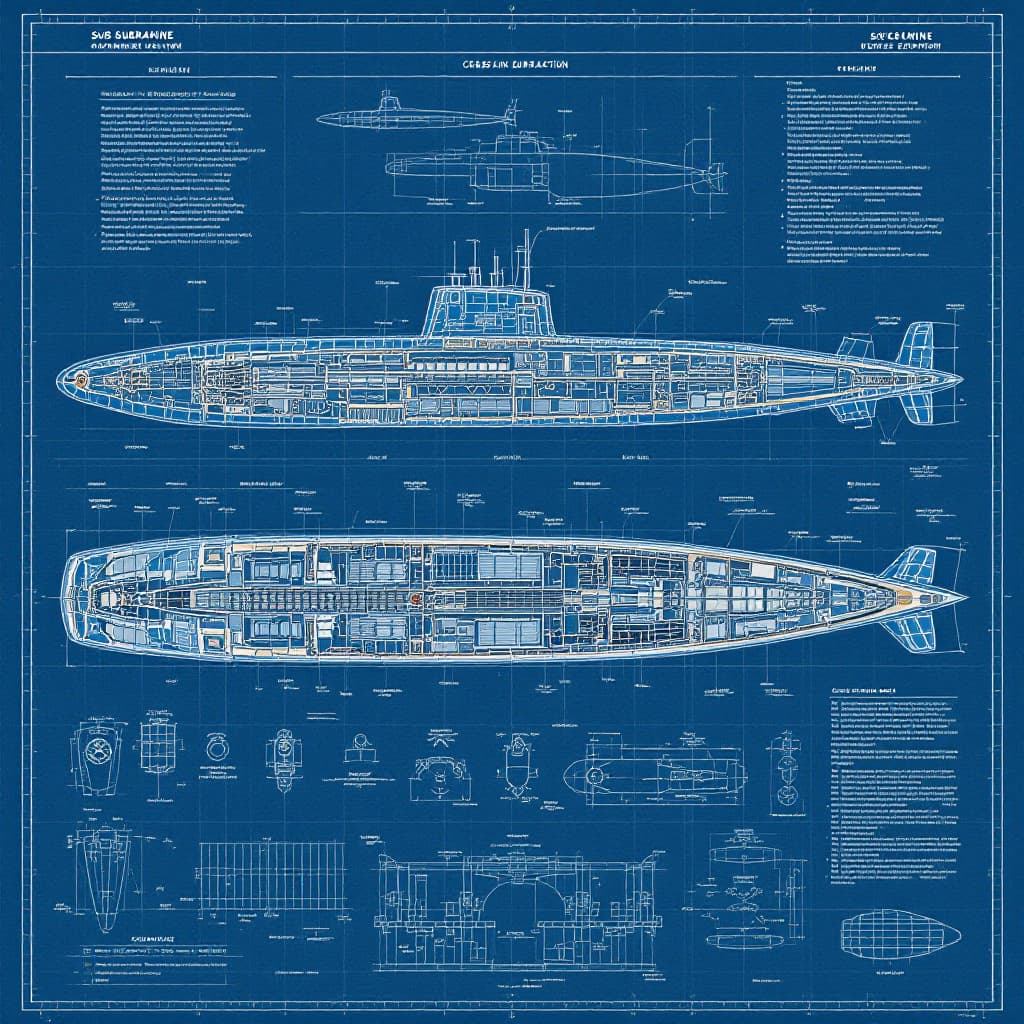 AI generated: “Blueprint of a submarine cross-section, labeled chambers and propulsion systems, precise marine eng...