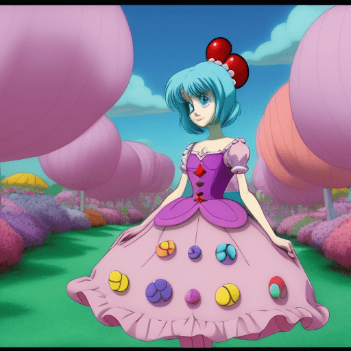 AI generated: whimsical, pixar Alice in candy land by Tim Burton anime style,