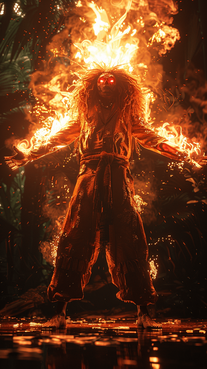 AI generated: Brazilian folklore curupira, super-detailed hypermaximalist cinematography, human person, fiery hair...