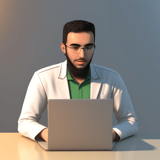 AI generated: in 3D, young Algerian researcher in civil engineering, with a slight beard, uses his laptop, writing...
