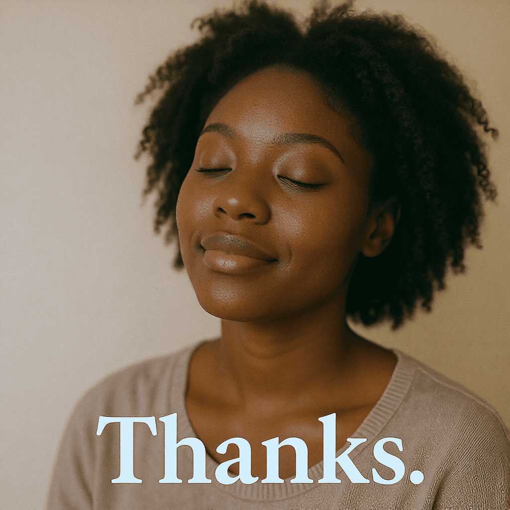 AI generated: A serene African American with the text "Thanks"
