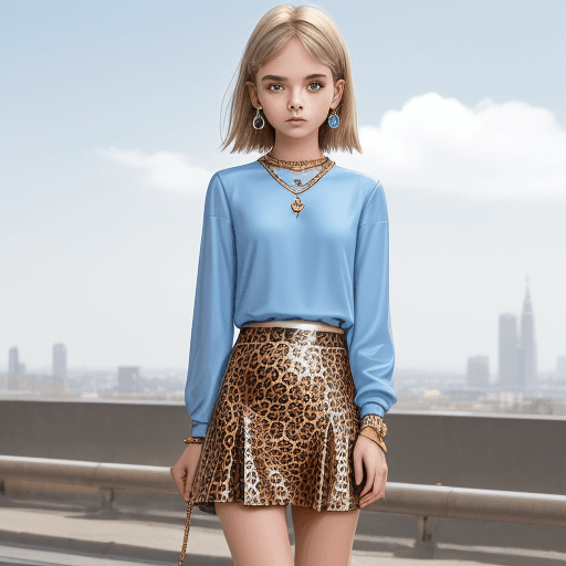 AI generated: A girl, teenager, metallic jewellery, beige skirt with leopard print, sky blue top, ar 69:128 --s 75...