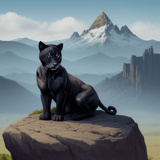 AI generated: a young black panther sitting on a rock outcropping, with mountains in the distant background. Make ...