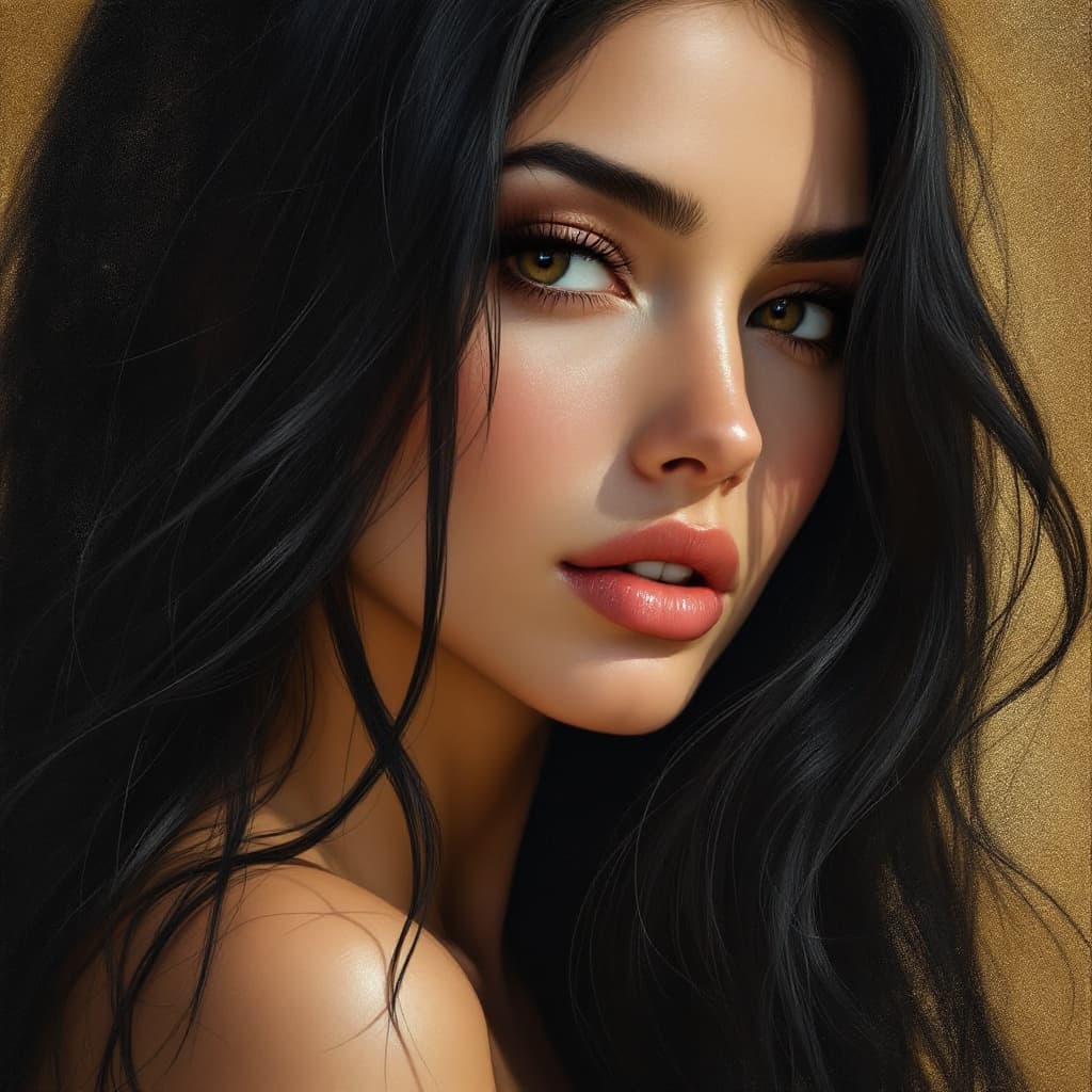 AI generated: a woman with long black hair in a gold painting, in the style of charlie bowater, dark blue and dark...
