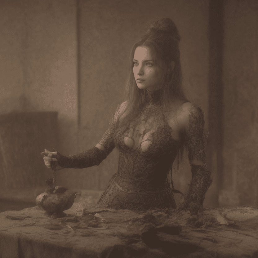 AI generated: A maiden sorcerer  at a table of a medieval inn as the backdrop. Extra long purple tresses, a taut b...