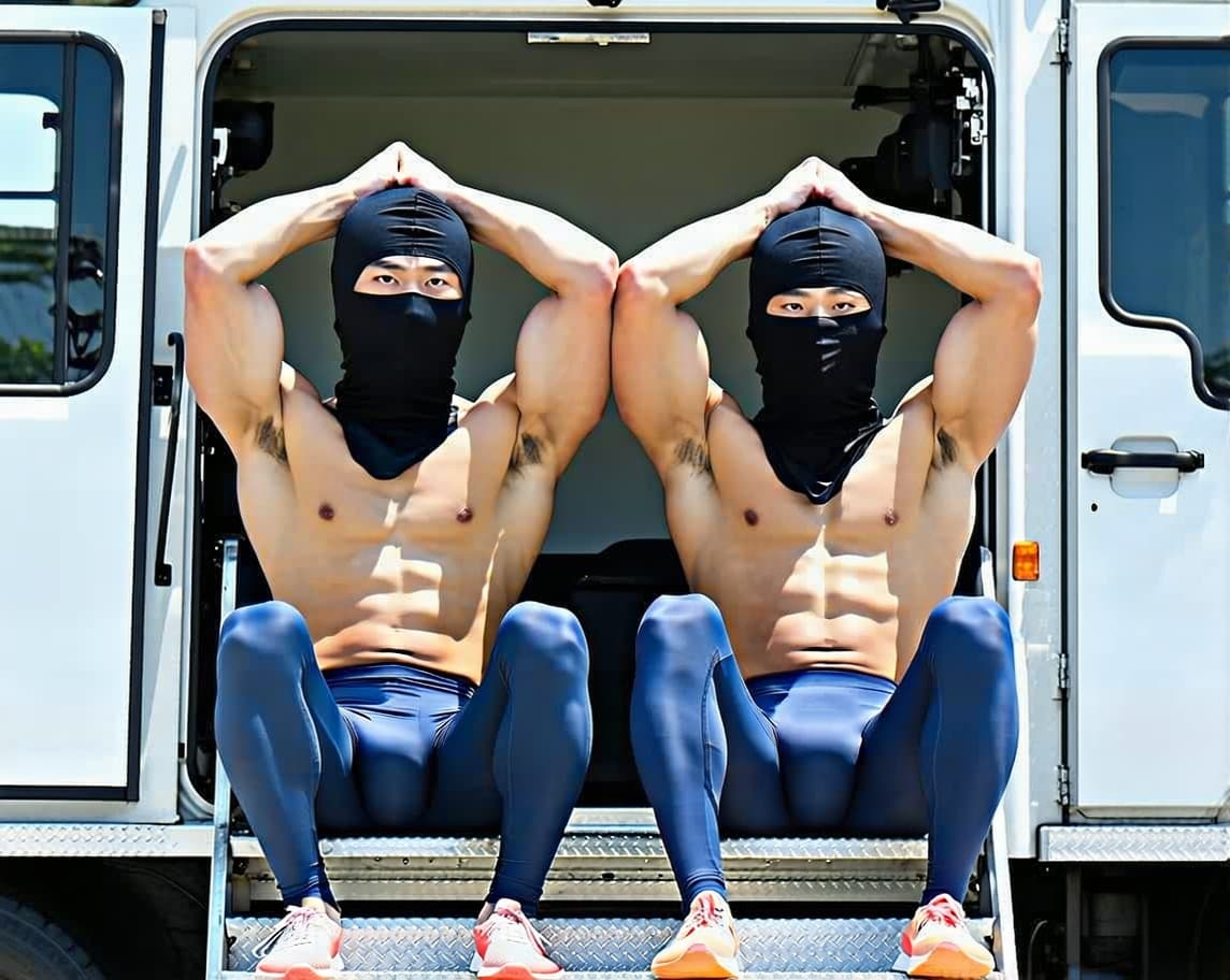 AI generated: Two male handsome Chinese strong swimmers wearing tight compression jammers shorts light navy colour...