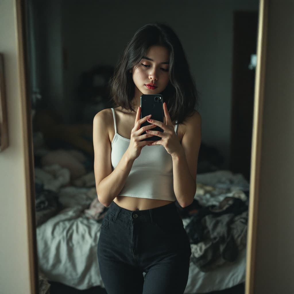 AI generated: schoolar asian girl stands in front of a mirror, capturing a selfie. Wearing a crotop. The image qua...